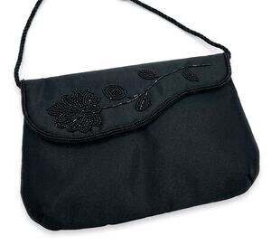 Vintage Genie Black Satin Beaded Floral Shoulder Bag Evening Clutch NWOT